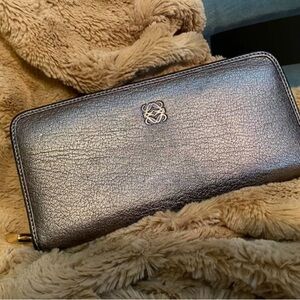 Loewe Metallic Gunmetal Black Zip-Around Wallet with Gold Lock